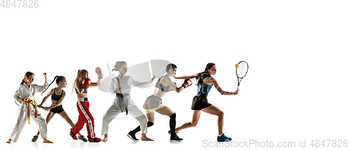 Image of Young and emotional sportsmen running and jumping on white background, flyer with copyspace