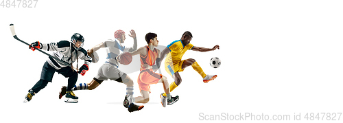 Image of Young and emotional sportsmen running and jumping on white background, flyer with copyspace