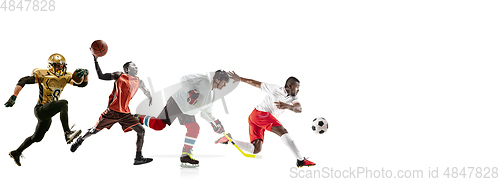 Image of Young and emotional sportsmen running and jumping on white background, flyer with copyspace