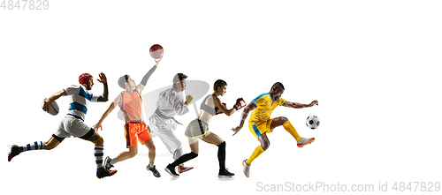 Image of Young and emotional sportsmen running and jumping on white background, flyer with copyspace