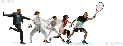 Image of Young and emotional sportsmen running and jumping on white background, flyer with copyspace