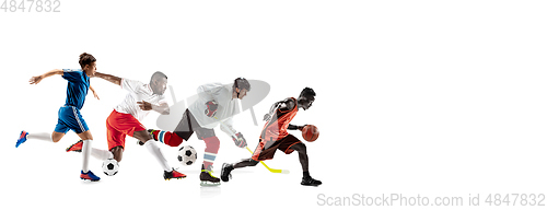 Image of Young and emotional sportsmen running and jumping on white background, flyer with copyspace