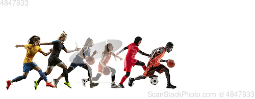 Image of Young and emotional sportsmen running and jumping on white background, flyer with copyspace