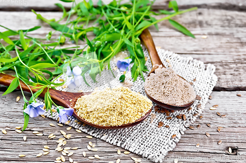 Image of Bran and flour flaxseed in two spoons on board