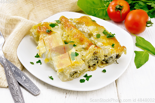 Image of Cannelloni with curd and spinach in plate on light board