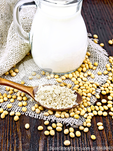 Image of Flour soy in spoon with milk on sacking