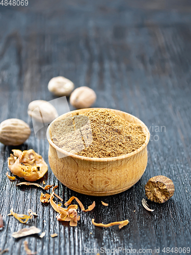 Image of Nutmeg ground in bowl on dark wooden board