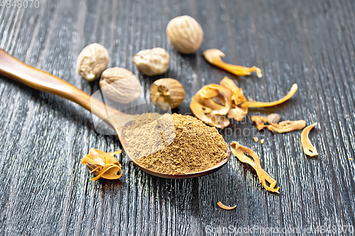 Image of Nutmeg ground in spoon on dark board