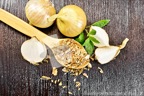 Image of Onion flakes in spoon on dark board top