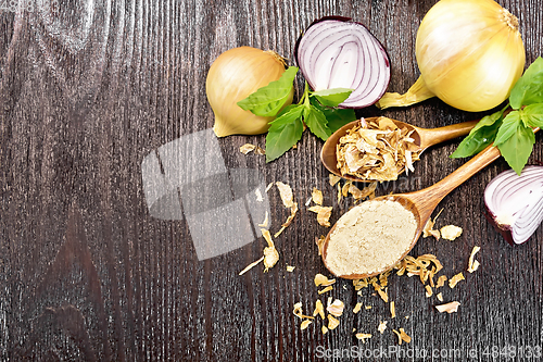 Image of Onion powder and flakes in spoons on board top