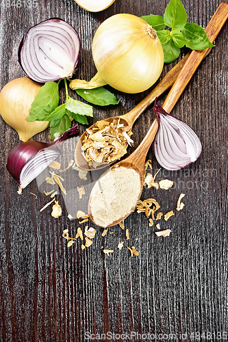 Image of Onion powder and flakes in spoons on dark board top