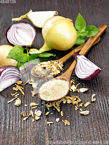 Image of Onion powder and flakes in spoons on wooden board