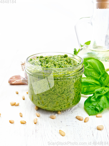 Image of Pesto in glass jar on light board