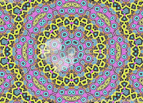 Image of Black background with white graphics and colorful concentric pat
