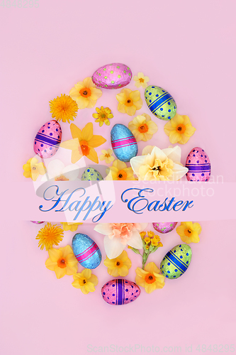 Image of Abstract Happy Easter Egg Shape with Eggs and Flowers