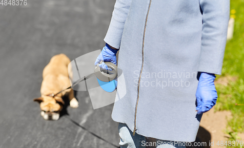 Image of woman in medical gloves with dog walking in city