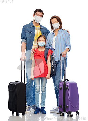 Image of family in medical masks with travel bags