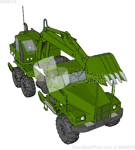 Image of 3D vector illustration on white background of green excavator ma