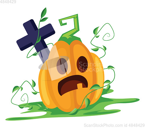 Image of Scared orange pumpkin with blue cross on white background vector