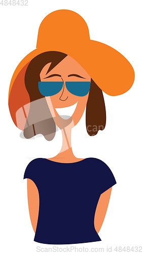 Image of Portrait of a girl in blue shirt with big brown hat and sunglass