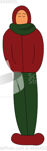 Image of Boy with green scarf red jacket green pants and red shoesvector 