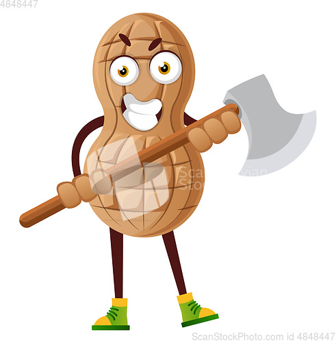 Image of Peanut with big axe, illustration, vector on white background.
