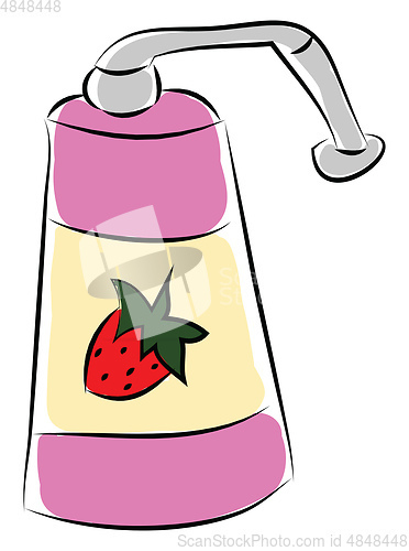 Image of Pink soap bottle with a red strawberry vector illustration on wh