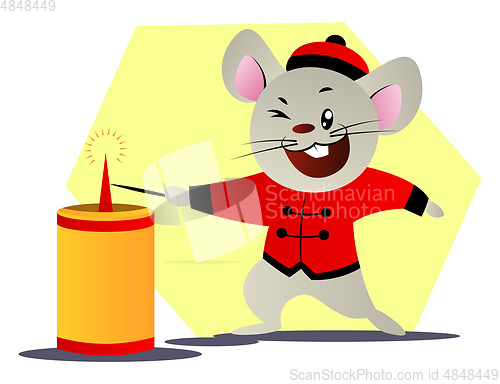 Image of Happy mouse in red suit lightning a candle vector illustration o