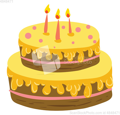 Image of A chocolate cake with two layers yellow icing and glowing candle