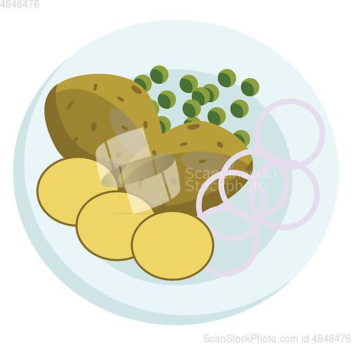 Image of Vector illustration of a plate with potatos beans and onions on 