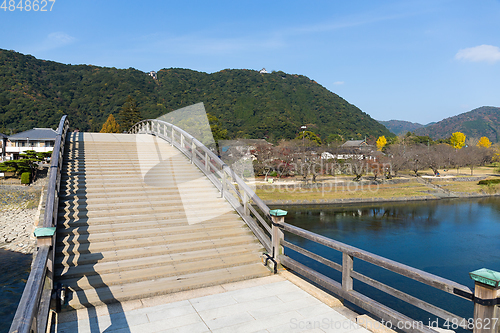 Image of Historical five wooden arches bridge in Japan