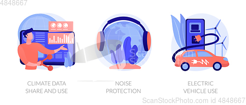 Image of Climate data share and use, noise protection, electric vehicle use vector concept metaphors.