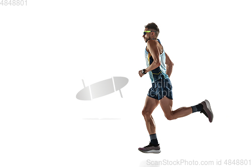 Image of Triathlon male athlete running isolated on white studio background