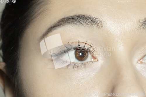 Image of Close up of face of beautiful caucasian young woman, focus on eyes