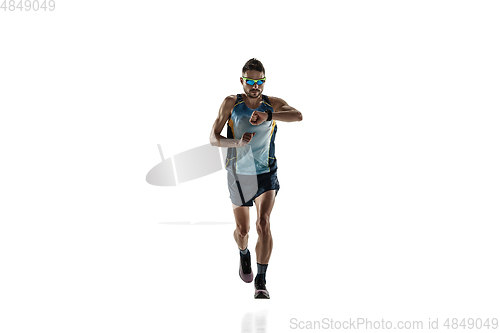 Image of Triathlon male athlete running isolated on white studio background