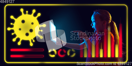 Image of Girl using interface modern technology and digital layer effect as information of coronavirus pandemic spread