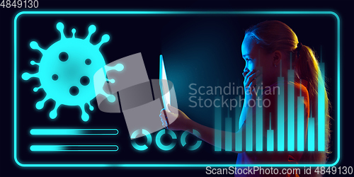 Image of Girl using interface modern technology and digital layer effect as information of coronavirus pandemic spread