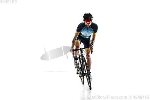Image of Triathlon male athlete cycle training isolated on white studio background
