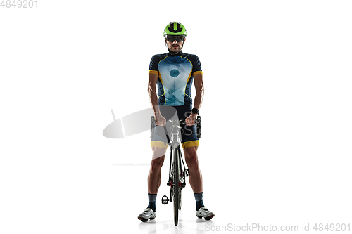 Image of Triathlon male athlete cycle training isolated on white studio background