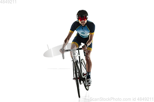 Image of Triathlon male athlete cycle training isolated on white studio background