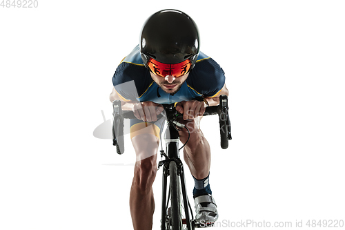 Image of Triathlon male athlete cycle training isolated on white studio background