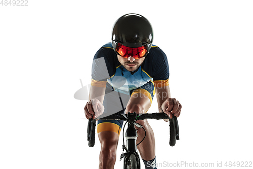 Image of Triathlon male athlete cycle training isolated on white studio background