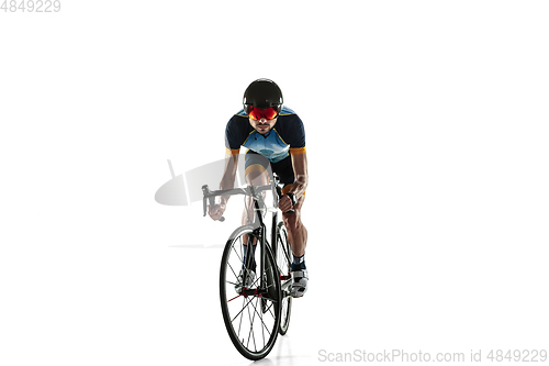 Image of Triathlon male athlete cycle training isolated on white studio background