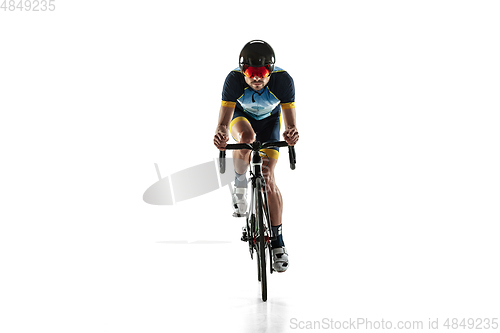 Image of Triathlon male athlete cycle training isolated on white studio background