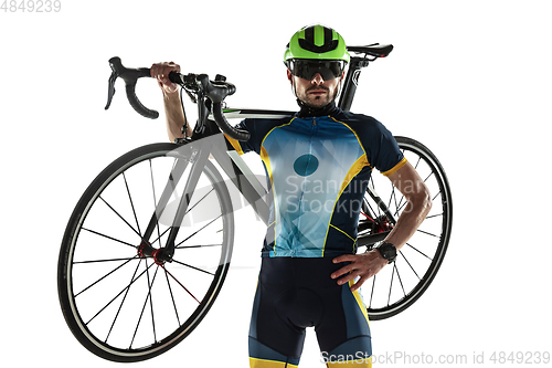Image of Triathlon male athlete cycle training isolated on white studio background