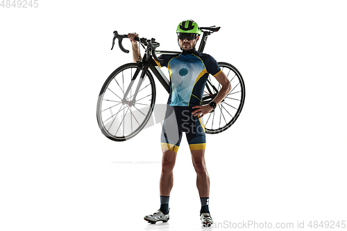 Image of Triathlon male athlete cycle training isolated on white studio background