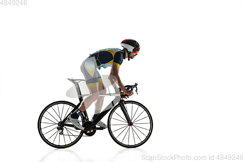 Image of Triathlon male athlete cycle training isolated on white studio background