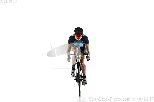 Image of Triathlon male athlete cycle training isolated on white studio background