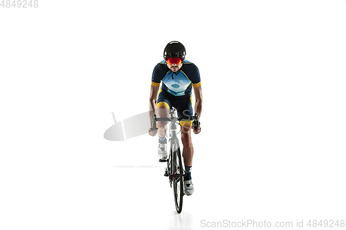 Image of Triathlon male athlete cycle training isolated on white studio background