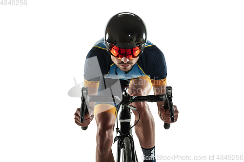 Image of Triathlon male athlete cycle training isolated on white studio background